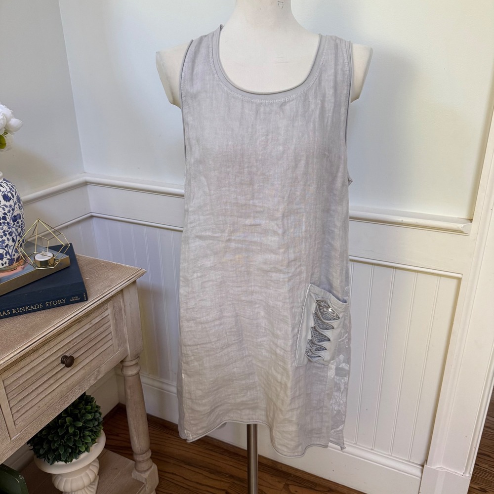 Tempo Paris Grey 100% Linen Embroidered Sequin Shift Dress Made‎ in Italy S